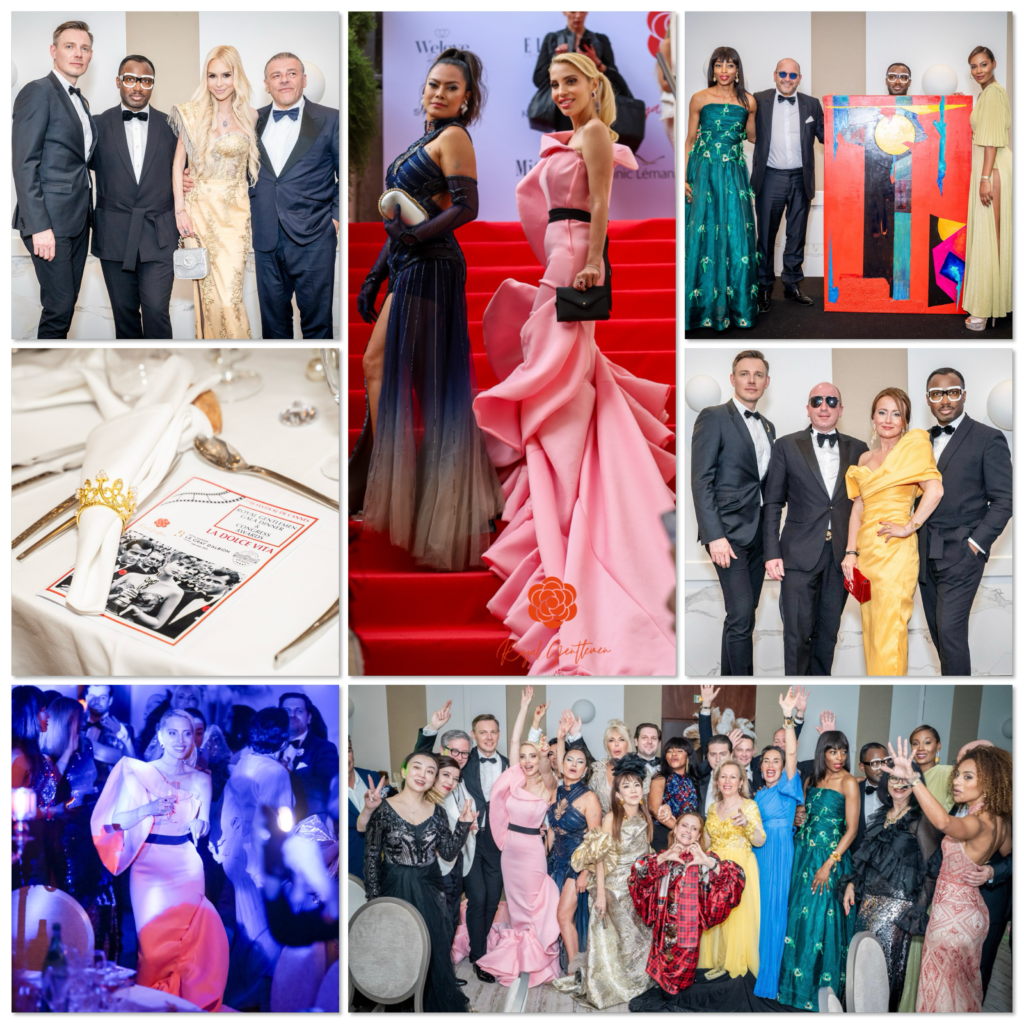 Collage de moments mémorables du 77ème Festival de Cannes au Pavillon Royal, organisé par Royal Gentlemen, mettant en avant des célébrités, des tenues de soirée luxueuses, et des détails élégants de la table du dîner de gala, reflétant le service Luxueux de Royal Gentlemen.