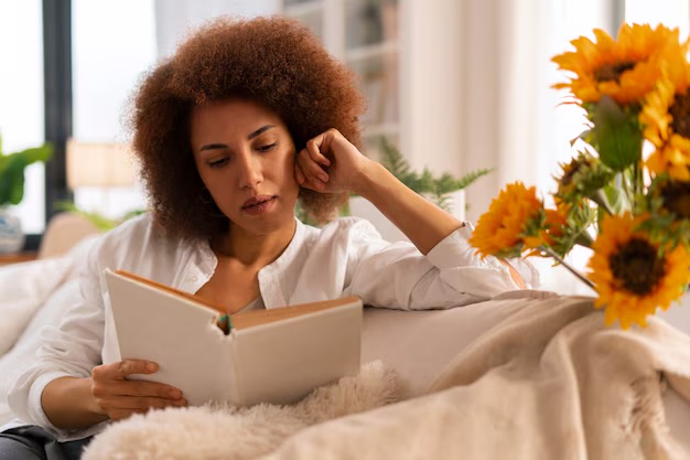 Femme en train de lire un livre.